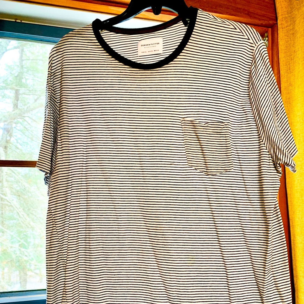 Denim & Flower NWOT Men’s XL black white striped short-sleeve t-shirt pocket
